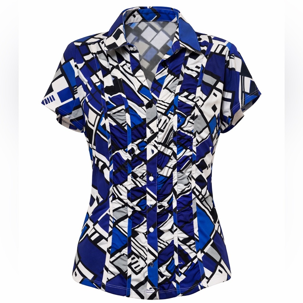 Dressbarn Blue and Black Abstract Button Down Shirt